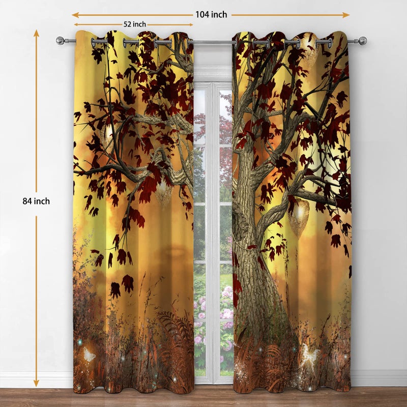 Jekeno Fall Tree Blackout Curtains Autumn Tree Room Decor Moonlight Butterfly Lantern Glittering Firefly Print Grommet Window Drape for Bedroom Living Room 2 Panel Set, 52"x84" - Image 2